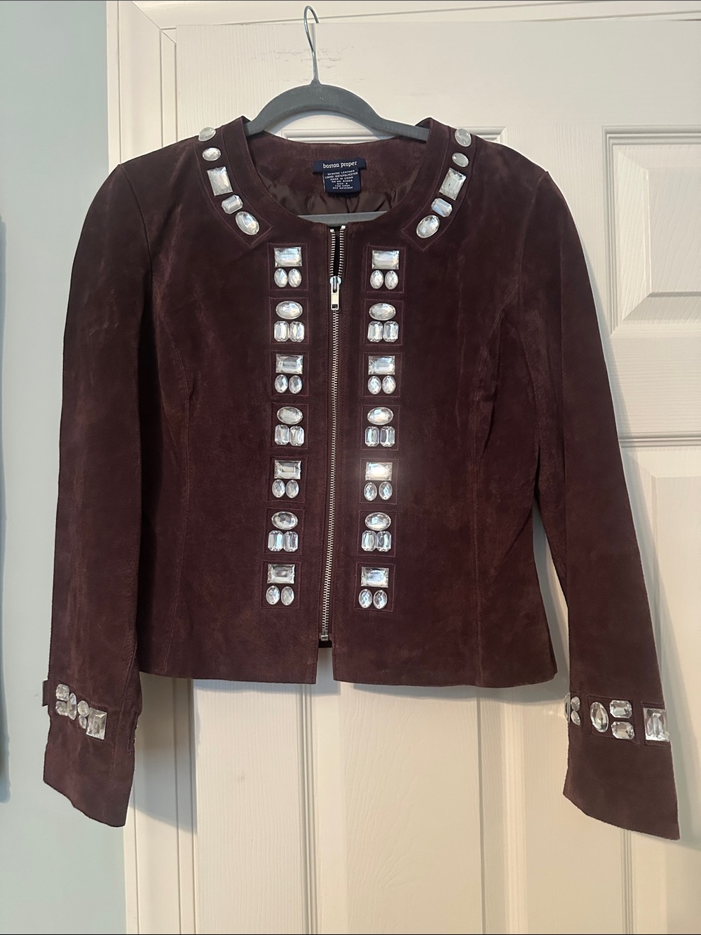Boston Proper Dark Brown Jeweled Suede Zip Jacket